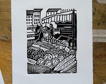 The Market - Original Handmade Linocut Print