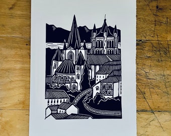 Lausanne Cathedral - Original Handmade Linocut Print