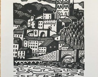 San Vicente de la Barquera Impresión Linograbada Original Hecha a Mano