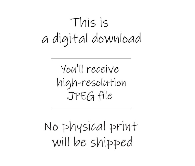 Op de afbeelding: Witte achtergrond met zwarte handgeschreven tekst. De tekst luidt: "Dit is een digitale download. U ontvangt een JPEG-bestand met hoge resolutie. Er wordt geen fysieke afdruk verzonden."