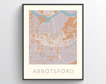 Carte d’Abbotsford, Abbotsford BC, Abbotsford Art Print, Carte de la ville d’Abbotsford, Carte cadeau d’Abbotsford, Abbotsford Wall Art, Colombie-Britannique, Canada