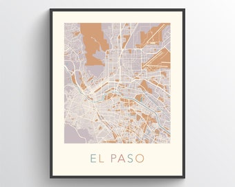 Carte d'El Paso, El Paso TX, affiche d'El Paso, impression d'El Paso, carte de la ville d'El Paso, carte des rues d'El Paso, art d'El Paso, carte routière d'El Paso, El Paso Texas