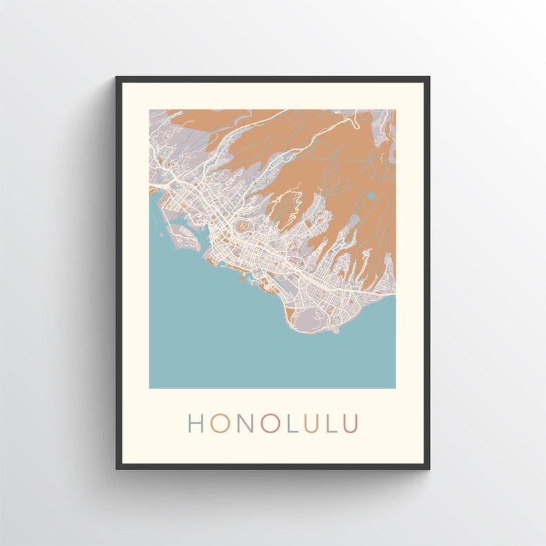 Honolulu Map Honolulu Poster Honolulu Print Honolulu City Etsy
