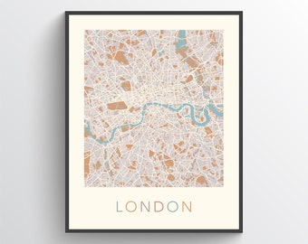 May include: A framed print featuring a detailed map of London in a neutral color palette. The map highlights the city's layout with beige, brown, and teal accents. The word "LONDON" is printed in a matching color scheme at the bottom.