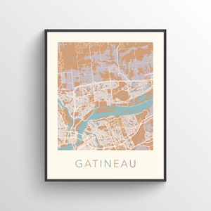 Carte de la Gatineau, Gatineau QC, carte de la ville de Gatineau, affiche de Gatineau, impression de Gatineau, art mural de Gatineau, carte-cadeau de Gatineau, Gatineau Québec, Canada