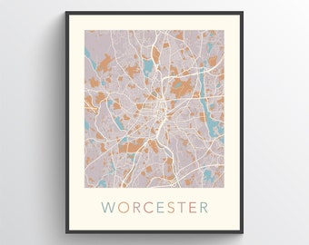 Worcester Map, Worcester MA, Worcester Print, Worcester Poster, Worcester Art, Worcester City Map, Worcester Gift, Worcester Massachusetts