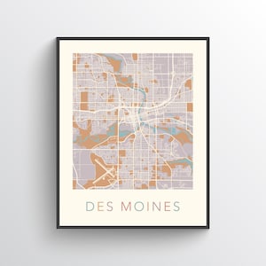 Carte de Des Moines, affiche de Des Moines, impression de Des Moines, plan de la ville de Des Moines, plan de Des Moines, impression d'art Des Moines, art mural Des Moines, États-Unis