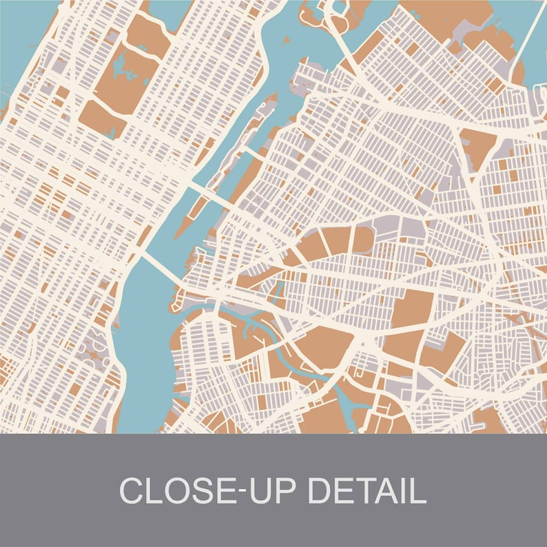 May include: A detailed map of a city with a large body of water running through it. The map is in shades of brown, blue, and white. The text "CLOSE-UP DETAIL" is at the bottom of the map.