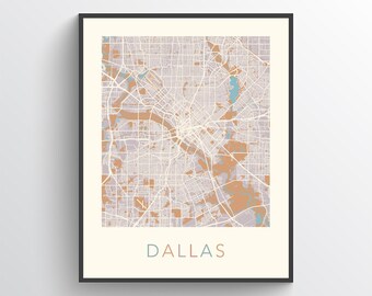 Impression de carte de Dallas, Dallas TX, affiche de Dallas, impression de Dallas, carte de Dallas, Art de Dallas, carte des rues de Dallas, carte de la ville de Dallas, Dallas Texas