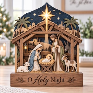 May include: A wooden nativity scene display featuring a carved stable with a glowing star above. Figures include a kneeling person in blue and white, a standing person with a staff, a baby in a manger, a sheep, a goat, and a donkey. The base reads O Holy Night.