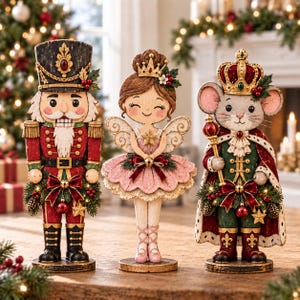 May include: Three decorative figurines standing on a wooden surface. The left is a nutcracker in a red uniform, the centre is a fairy with pink wings and a tutu, and the right is a mouse king wearing a crown and a green and red cape.