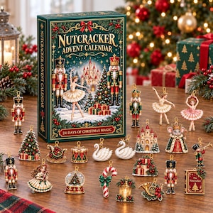 Könnte beinhalten: Ein Nussknacker-Adventskalender mit einer Schloss- und Ballettszene, begleitet von 24 weihnachtlichen Miniatur-Anhängern, darunter Nussknacker, Ballerinas, ein Schlitten, eine Trommel, Schwäne, ein Weihnachtsbaum und ein Horn.