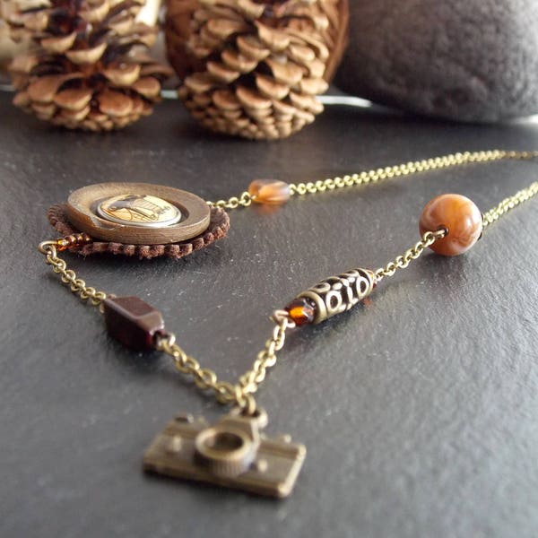 Collier mi long, couleur brun, effet vintage