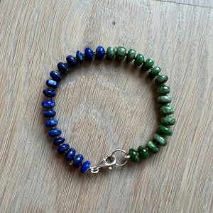 Hand knotted lapis lazuli and chrome diopside gemstone candy bracelet