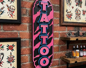 Tattoo Sign Pink Tiger Print, Man Cave Decor Wall Decor