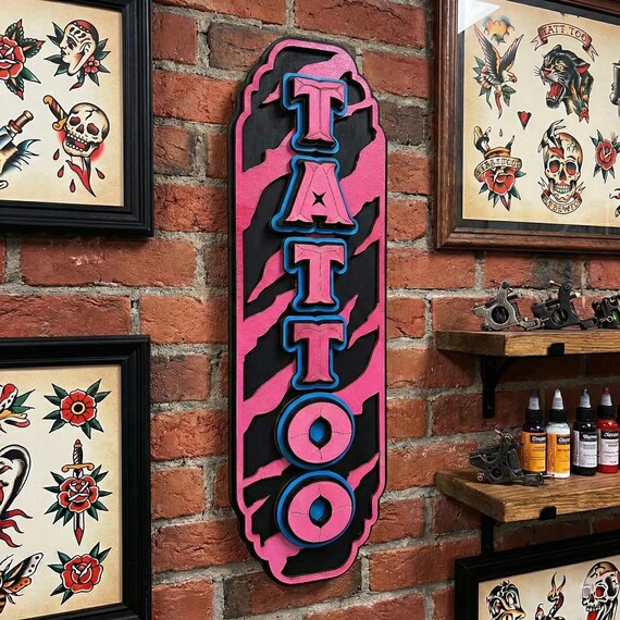 Tattoo Sign Pink Tiger Print, Man Cave Decor Wall Decor