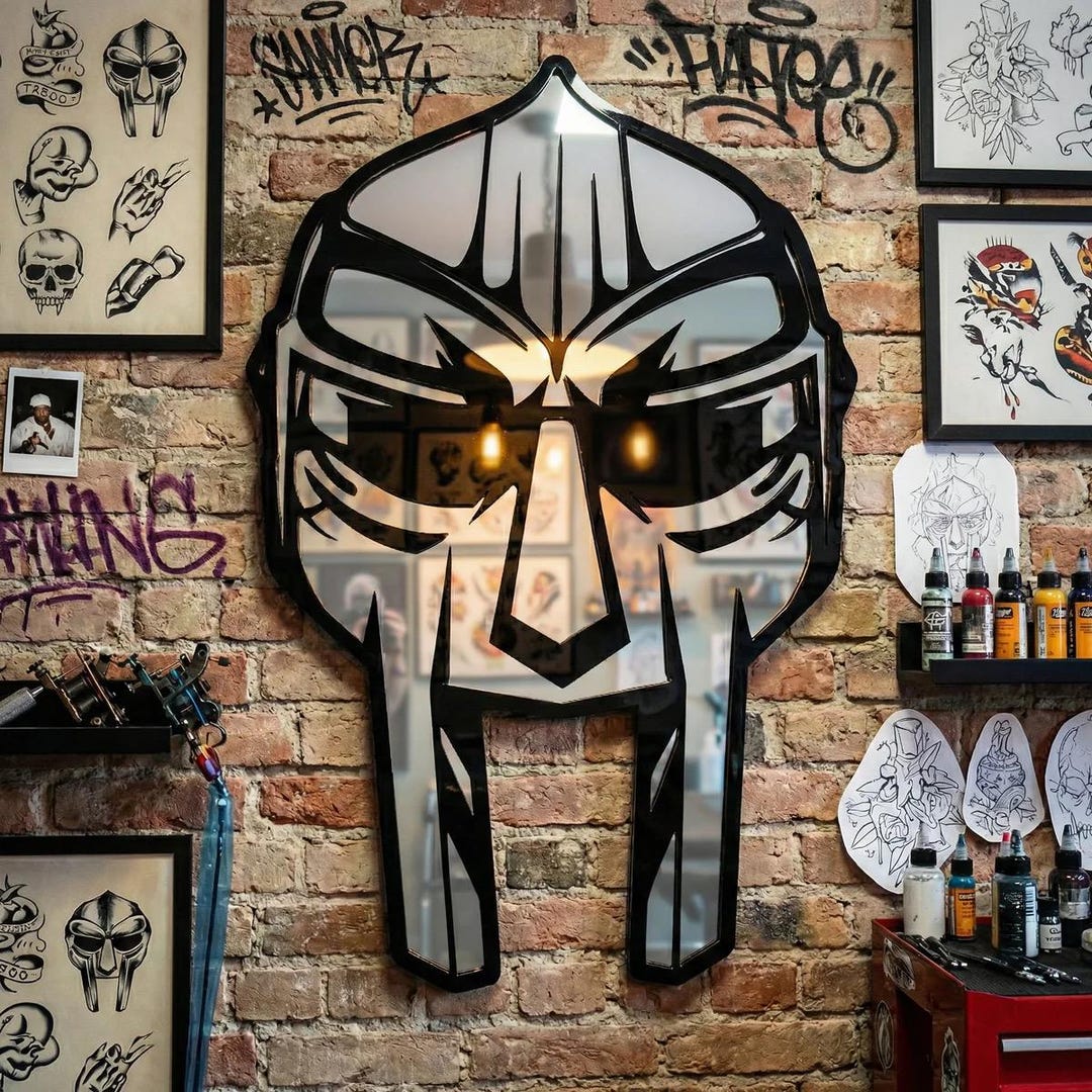 MF Doom Mask Mirror: Handcrafted Black & Silver Acrylic Wall Art