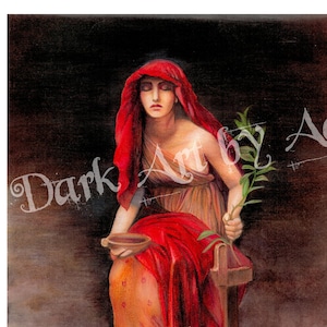May include: A woman in a red robe sits on a wooden platform with a branch in her hand. The platform is cracked and the background is dark. The text "Dark Art by Adrienne" is visible in the image.
