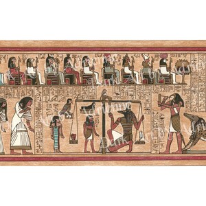 May include: An ancient Egyptian papyrus scroll depicting a scene of judgment in the afterlife. The scroll features a scale with a heart on one side and a feather on the other, representing the weighing of the soul. The god Anubis stands nearby, while a jackal-headed god sits on a throne. The scroll is filled with hieroglyphs and other symbolic imagery.