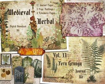 May include: A digital download kit for creating journals, featuring a medieval-style design with ferns and the text "Medieval Herbal Vol. 11: Fern Grungy Journal Kit".