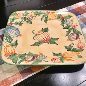 Vintage / discontinued / Zrike / hand painted / large / square / holly / striped ornament / platter / blue / green / yellow / red / purple