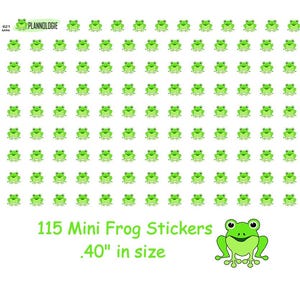 May include: Sheet of 115 mini frog stickers. Each sticker is .40 inches in size. The stickers are light green with a smiling frog design. The text "115 Mini Frog Stickers .40" in size" is printed in green.
