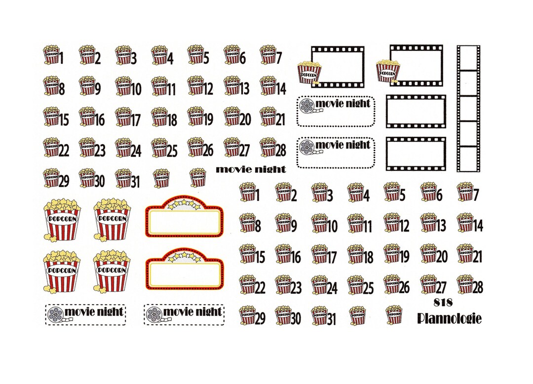 Popcorn Movie Night Date Covers - Planner Stickers - Calendar Numbers ...