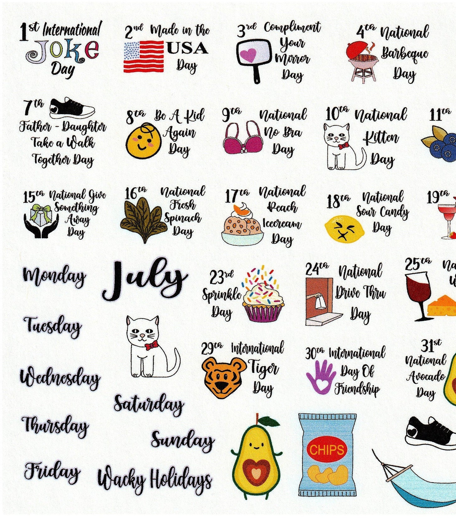 JULY Wacky Holidays Planner Stickers Calendar Stickers Etsy