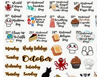 OCTOBER Wacky Holidays Planner Stickers Calendar Stickers Celebrate Fall  Funny Autumn October Holiday Stickers Halloween 