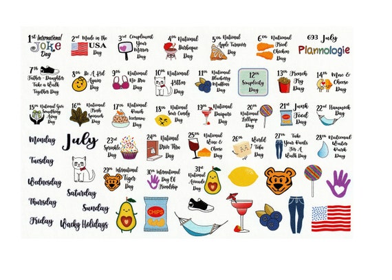 JULY Wacky Holidays Planner Stickers Calendar Stickers Celebrate