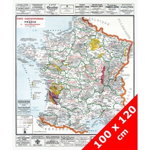 Carte GASTRONOMIQUE de la FRANCE - 100 x 120 cm (reproduction ancienne carte scolaire)