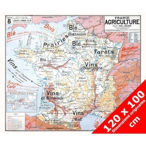 Carte Vidal Lablache 8 - FRANCE AGRICULTURE - 120 x 100 cm (reproduction ancienne carte scolaire)