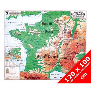 Carte Vidal Lablache 3 - FRANCE RELIEF du SOL - 120 x 100 cm (reproduction ancienne carte scolaire)