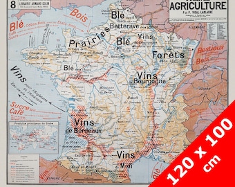 Carte Vidal Lablache 8 - FRANCE AGRICULTURE - 120 x 100 cm (reproduction ancienne carte scolaire)