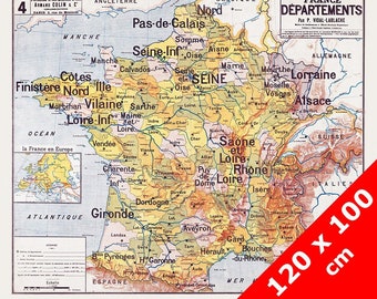 Carte Vidal Lablache 4 - FRANCE DEPARTEMENTS - 120 x 100 cm (reproduction ancienne carte scolaire)