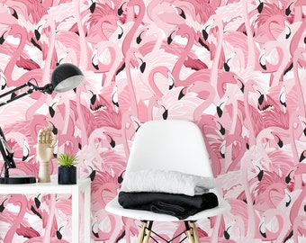 Pink Flamingos Wallpaper, Removable Wallpaper, Self Adhesive Wallpaper, Pasted Wallpaper, Mural, Temporary, Feature Wall