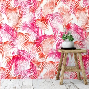 Pink & Orange Palms, Removable Wallpaper, Self Adhesive Wallpaper, Pasted Wallpaper, Mural, Temporary, Feature Wall