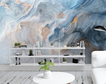 Blue Marble Mural Wallpaper Mural, Peel and Stick Wallpaper, Pasteable Wallpaper, Self Adhesive Wallpaper, Marble Mural Wallpaper