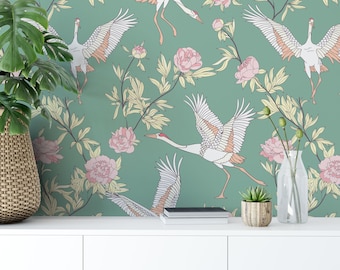 Elegant Cranes Wallpaper, Removable Wallpaper, Self Adhesive Wallpaper, Pasted Wallpaper, Mural, Temporary, Feature Wall