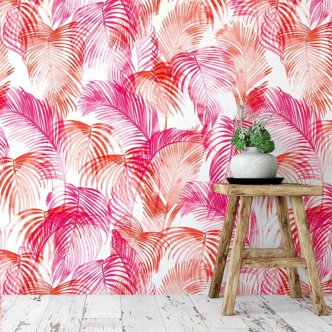 Pink & Orange Palms, Removable Wallpaper, Self Adhesive Wallpaper