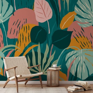 Abstrakte tropische Wand Tapete, abnehmbare Tapete, selbstklebende Tapete, geklebte Tapete, Wandbild, temporäre, Feature-Wand