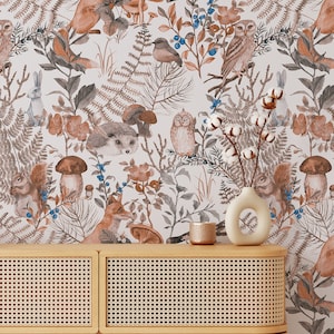 Tiere des Holzes Tapete, abnehmbare Tapete, selbstklebende Tapete, geklebte Tapete, Wandbild, temporär, Feature-Wand