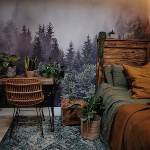 Wald im Nebel Wandbild, abnehmbare Tapete, selbstklebende Tapete, geklebte Tapete, Wandbild, temporär, Feature-Wand