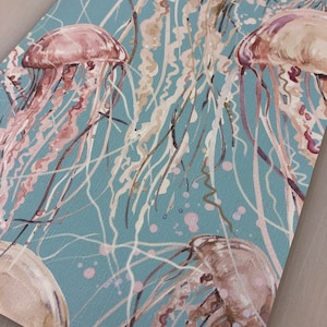 May include: A watercolor painting of jellyfish on a teal background. The jellyfish are pink and brown with long tentacles. The painting has a whimsical and abstract style.