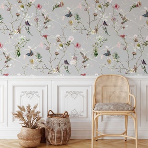 Blumen und Schmetterlinge Tapete, Abnehmbare Tapete, Selbstklebende Tapete, Klebte Tapete, Wandbild, Temporär, Feature Wand