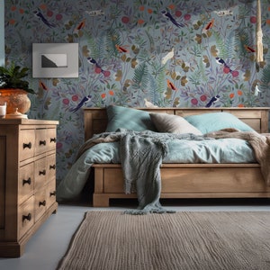 Birds on Branches (in blue) Wallpaper, Removable Wallpaper, Self Adhesive Wallpaper, Pasted Wallpaper, Mural, Temporary, Feature Wall