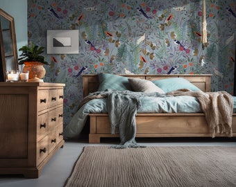 Birds on Branches (in blue) Wallpaper, Removable Wallpaper, Self Adhesive Wallpaper, Pasted Wallpaper, Mural, Temporary, Feature Wall