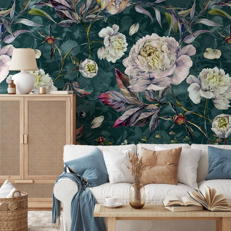 Peonies & Foliage Wallpaper Removable Wallpaper Self Etsy