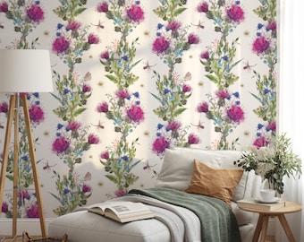 Dragonflies & Thistles, Removable Wallpaper, Self Adhesive Wallpaper, Pasted Wallpaper, Mural, Temporary, Feature Wall