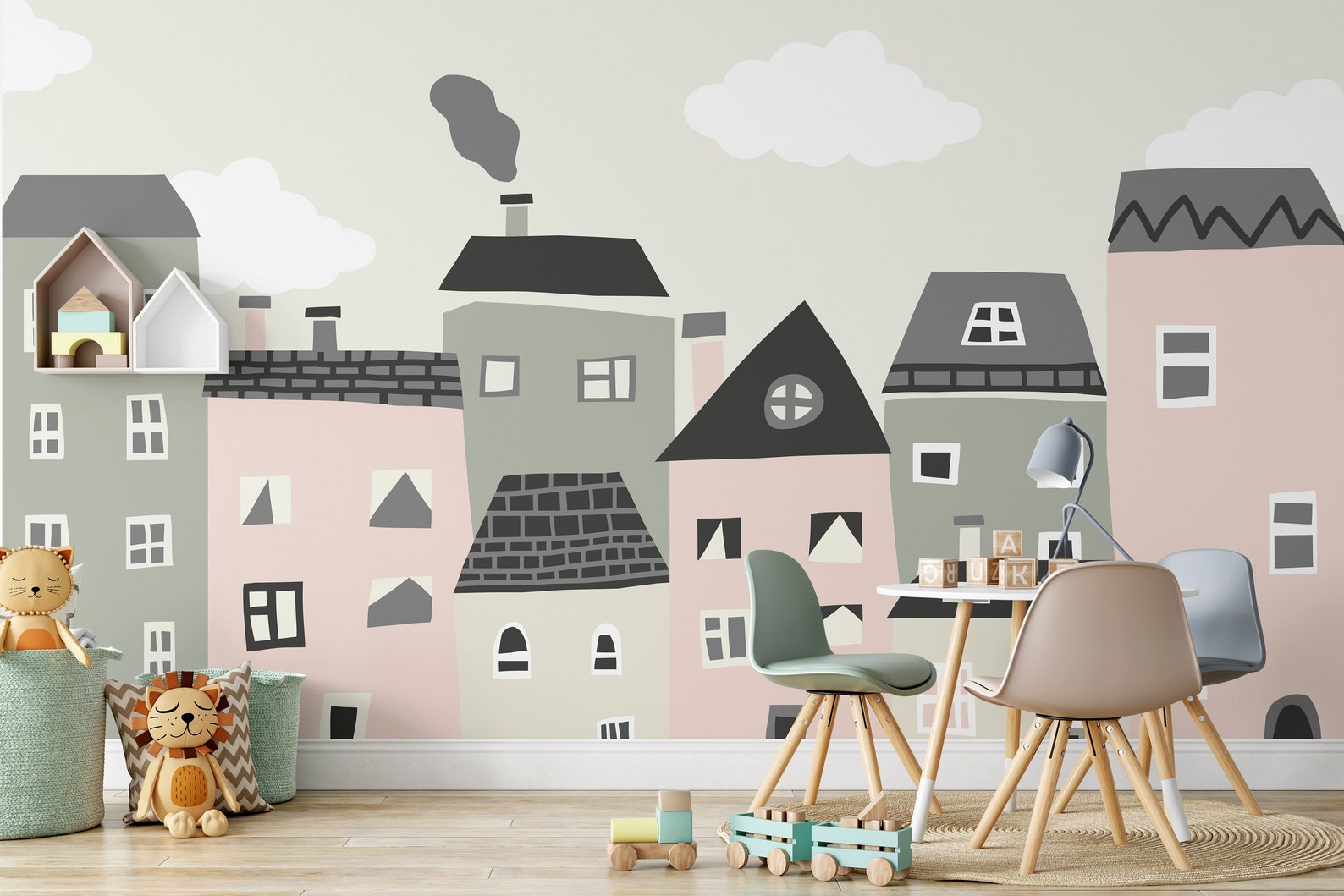 Little Houses Mural, Removable Wallpaper, Self Adhesive Wallpaper